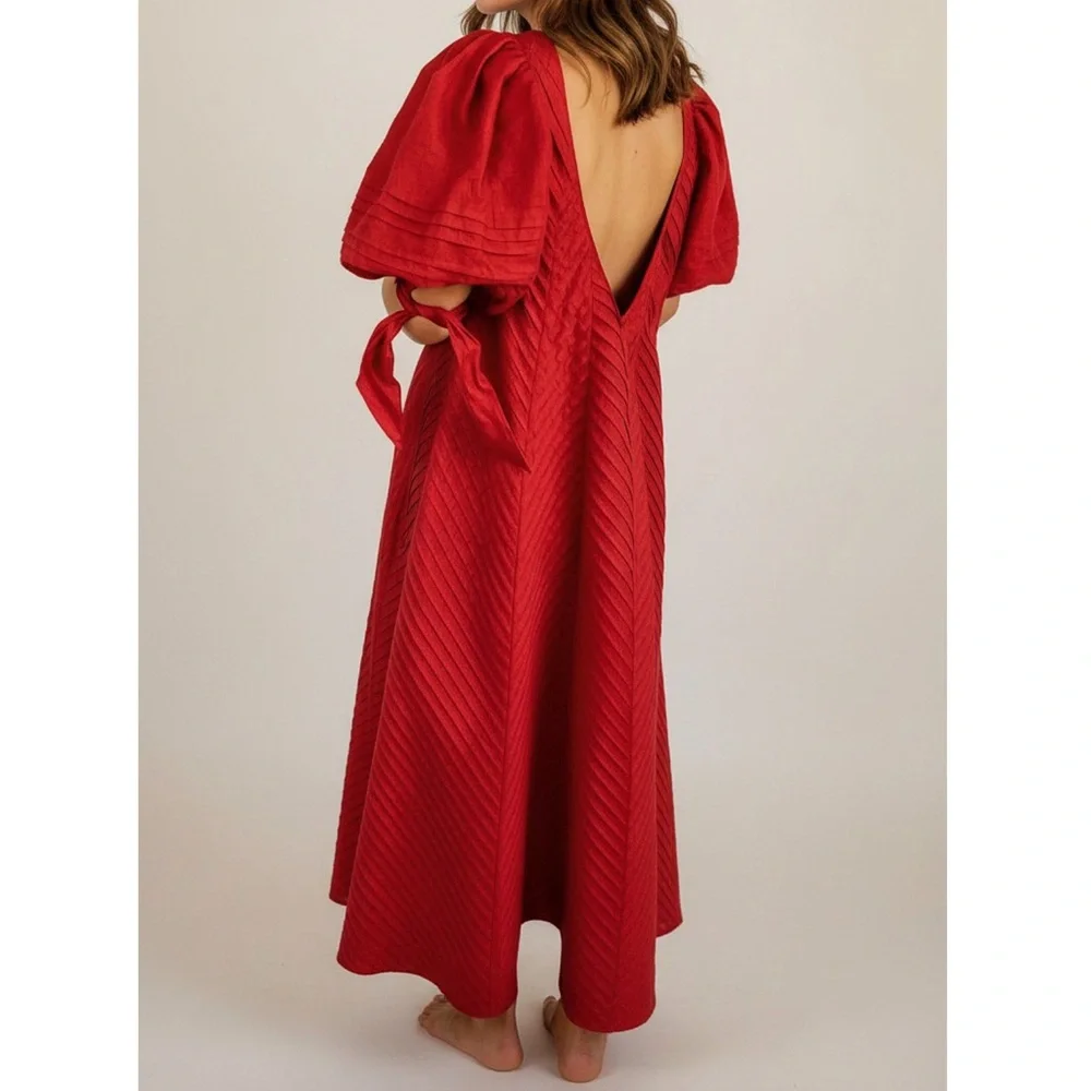 ODET Cherie Chevron Mumu Linen Dress, Red, Medium - Picture 6 of 14